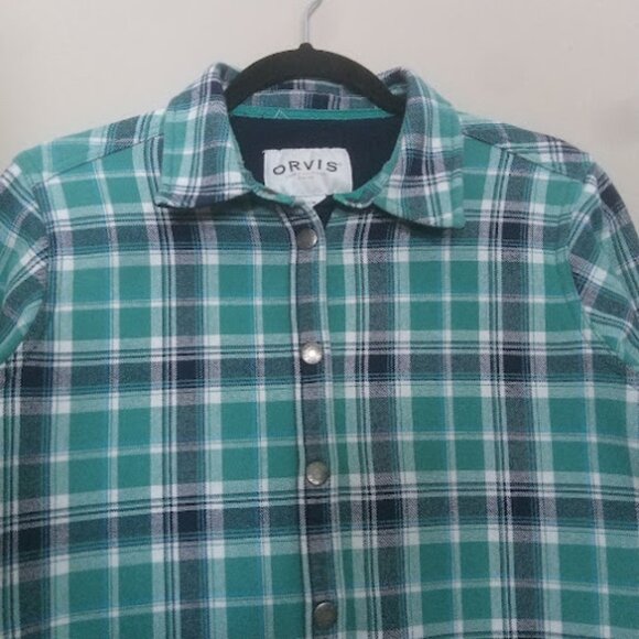 ORVIS | Womens Blue Teal Fleece Lined Plaid Flannel Shacket Snap Button Western - Picture 3 of 13